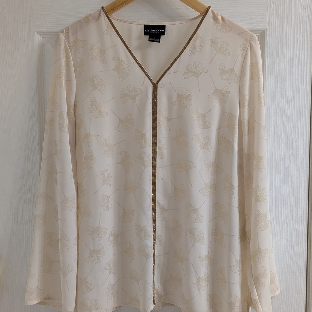 Liz Claiborne MED Cream Blouse with Gold Trim Bling Rhinestones Business Casual.